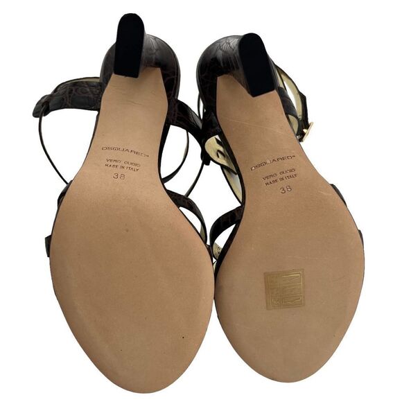 New Dsquared2 Women US 8 Brown Croc Embossed Leather High Heel Sandals | $650 - Picture 13 of 17